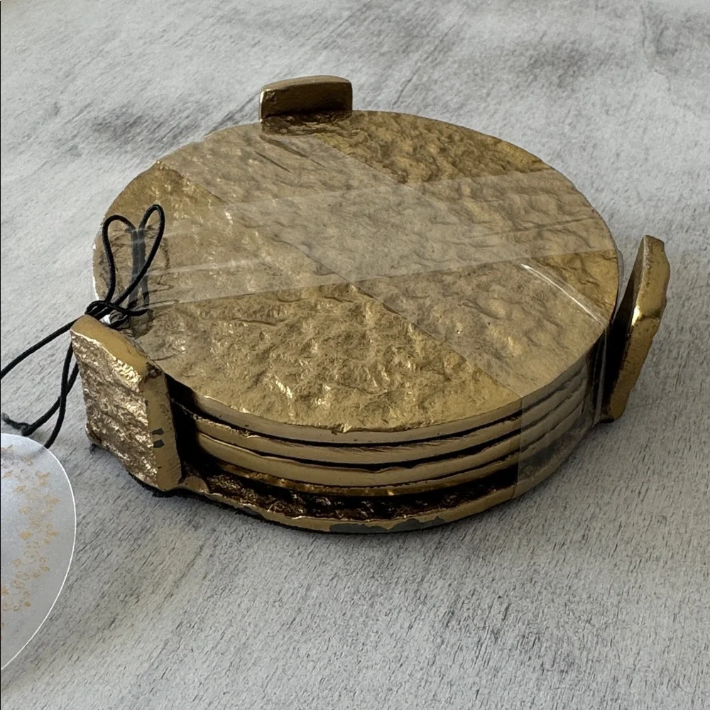 Gold Textured Hammered Metal Round Coaster Set of 4 on Standard India D 3.75